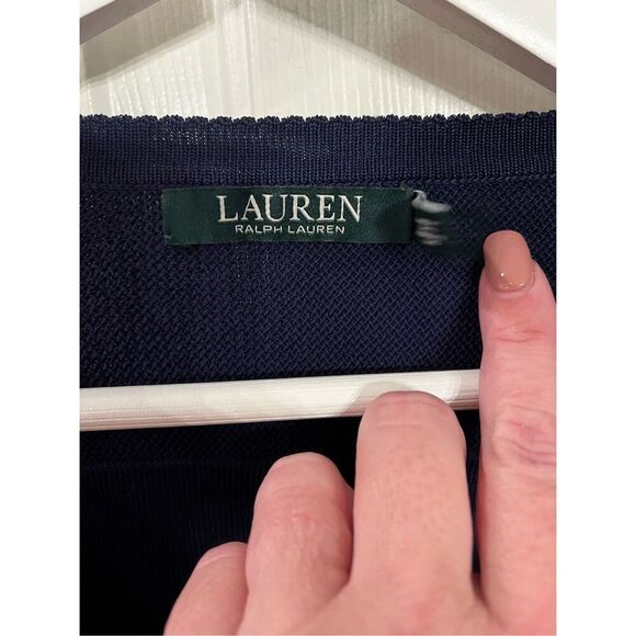 Lauren Ralph Lauren Navy Mesh Sleeve Cropped Cardigan Sweater sz XL EUC - Picture 5 of 9